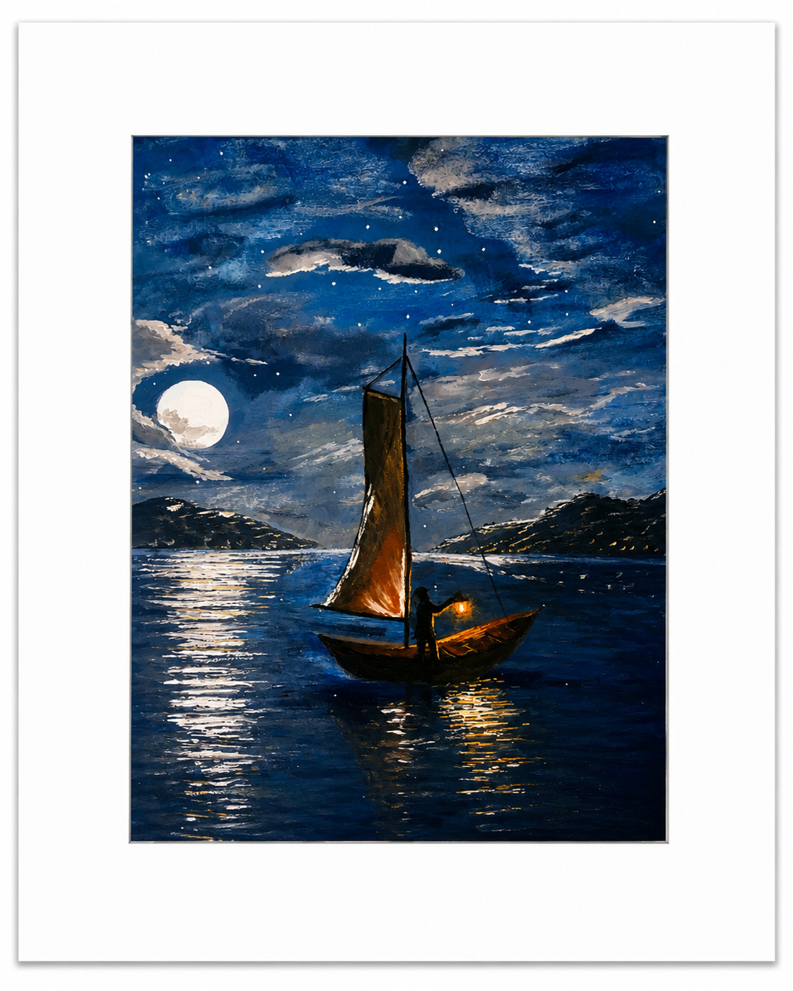 Moonlight Fisherman - Mysterious Moonlit coastal sailing boat crossing