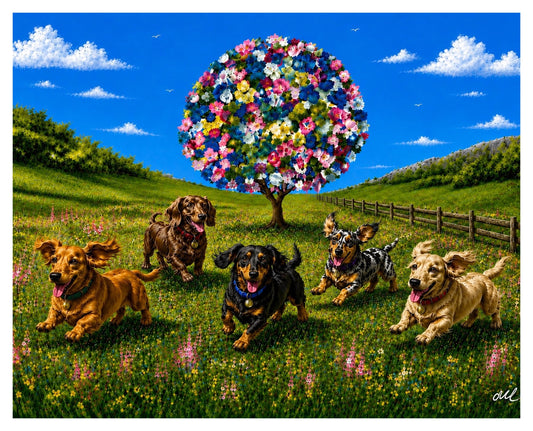 Dachshund Dash - Blossom Meadow Landscape with running Dachshund dogs