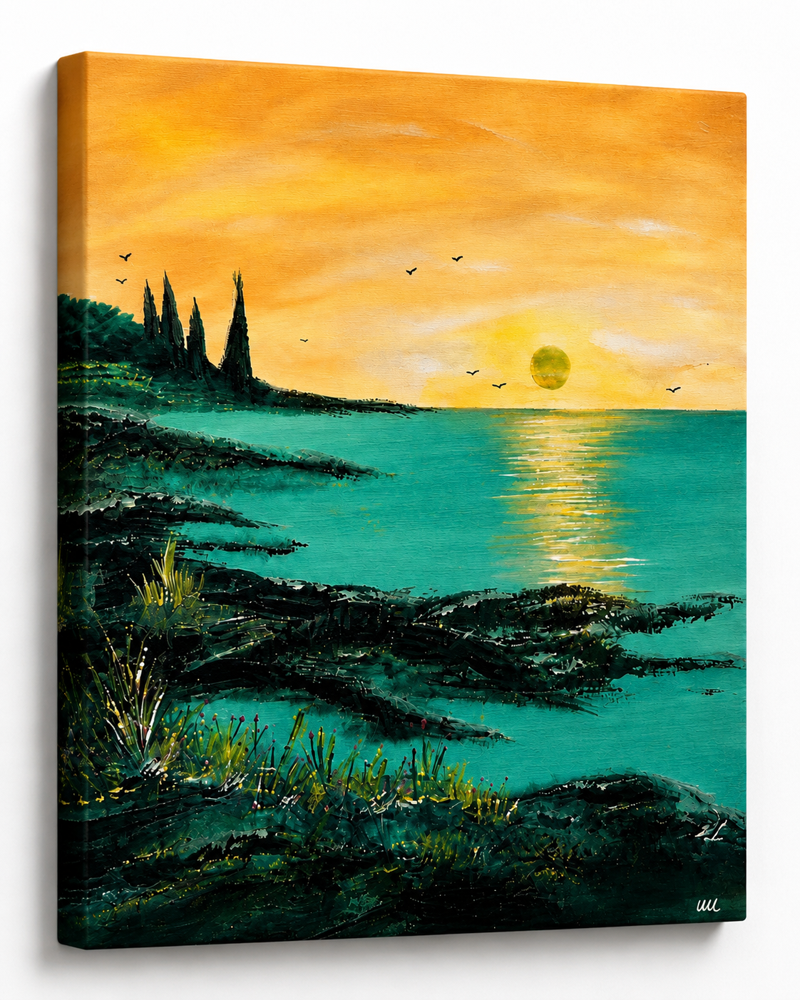 Emerald Dawn - emerald green coral seas and golden sunset wall art