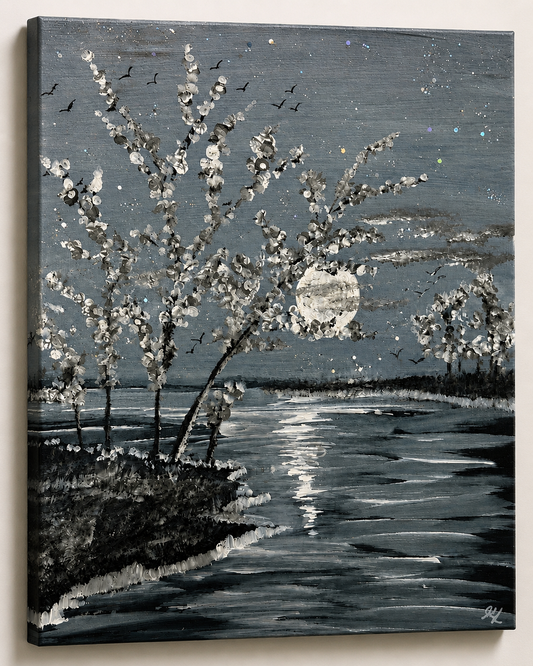 Silver Whispers - a mysterious silver lakeside wall art canvas