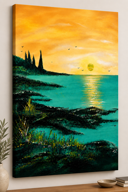 Emerald Dawn - emerald green coral seas and golden sunset wall art