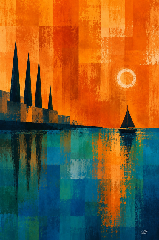 Homeward Bound - Geographic call art style rich orange and blue coastal bay