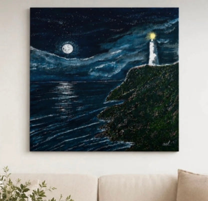 Moonlight Guardian - Dramatic Moonlight Lighthouse wall art print - MariaLouise Art