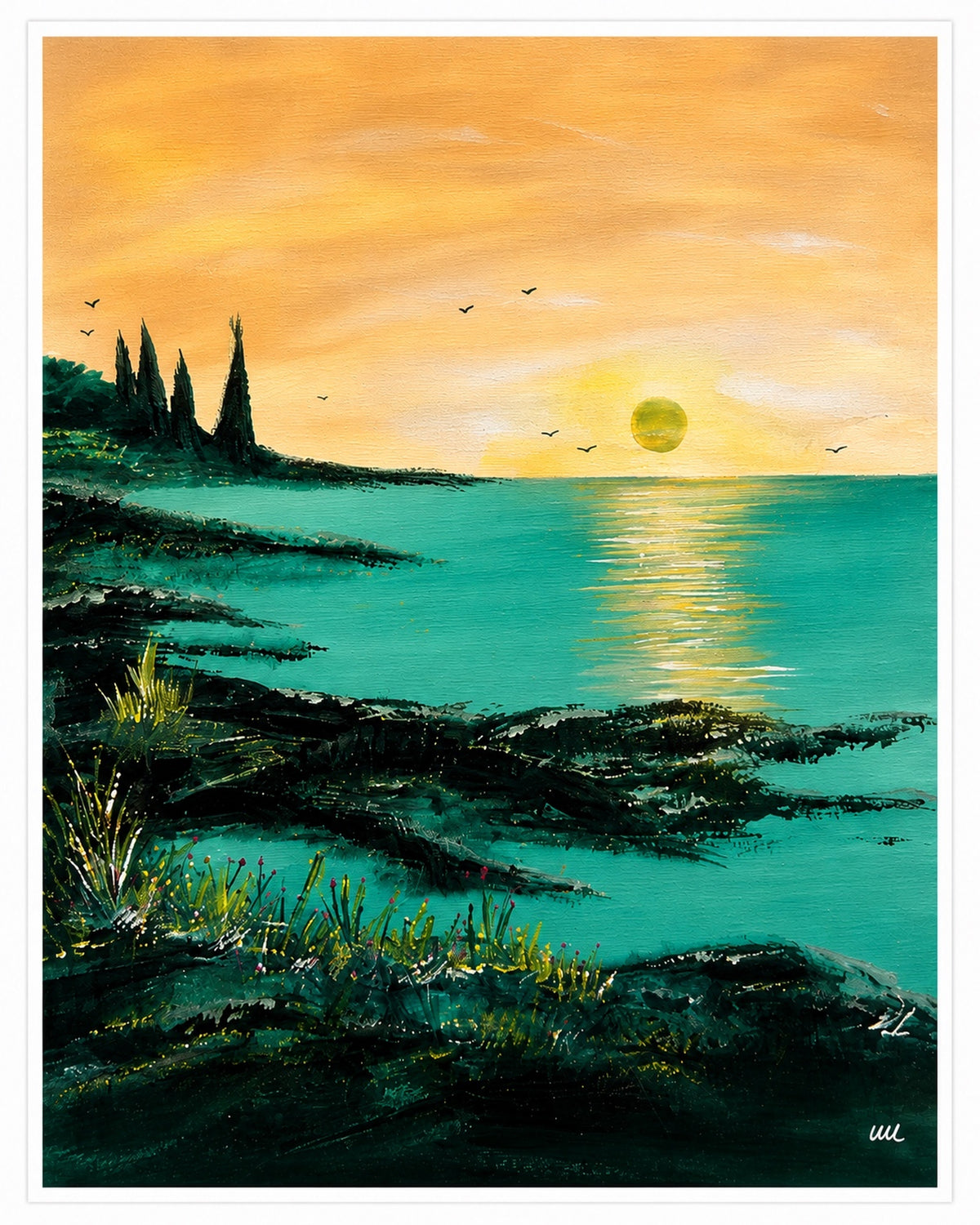 Emerald Dawn - emerald green coral seas and golden sunset wall art