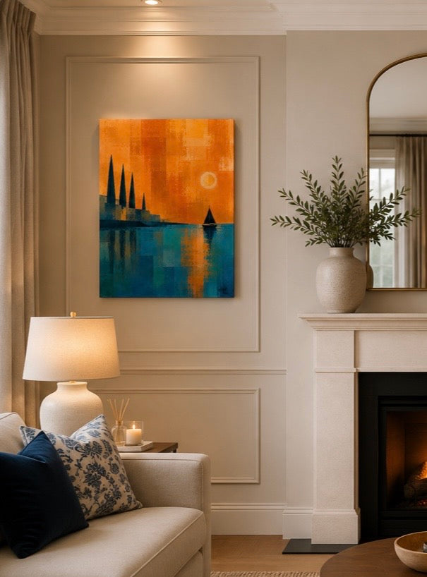 Homeward Bound - Geographic call art style rich orange and blue coastal bay