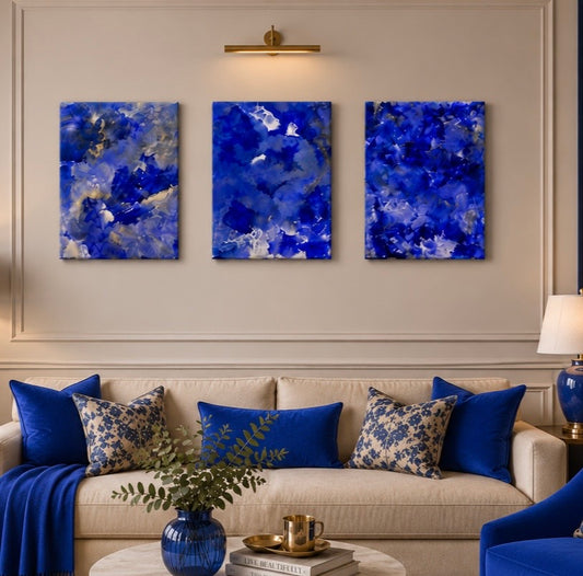 Ocean Collection - Set of 3 (Triptych) - Beautiful Royal Blue, Silver and White Triptych original paintings - stunning abstract home decor wall art canvases