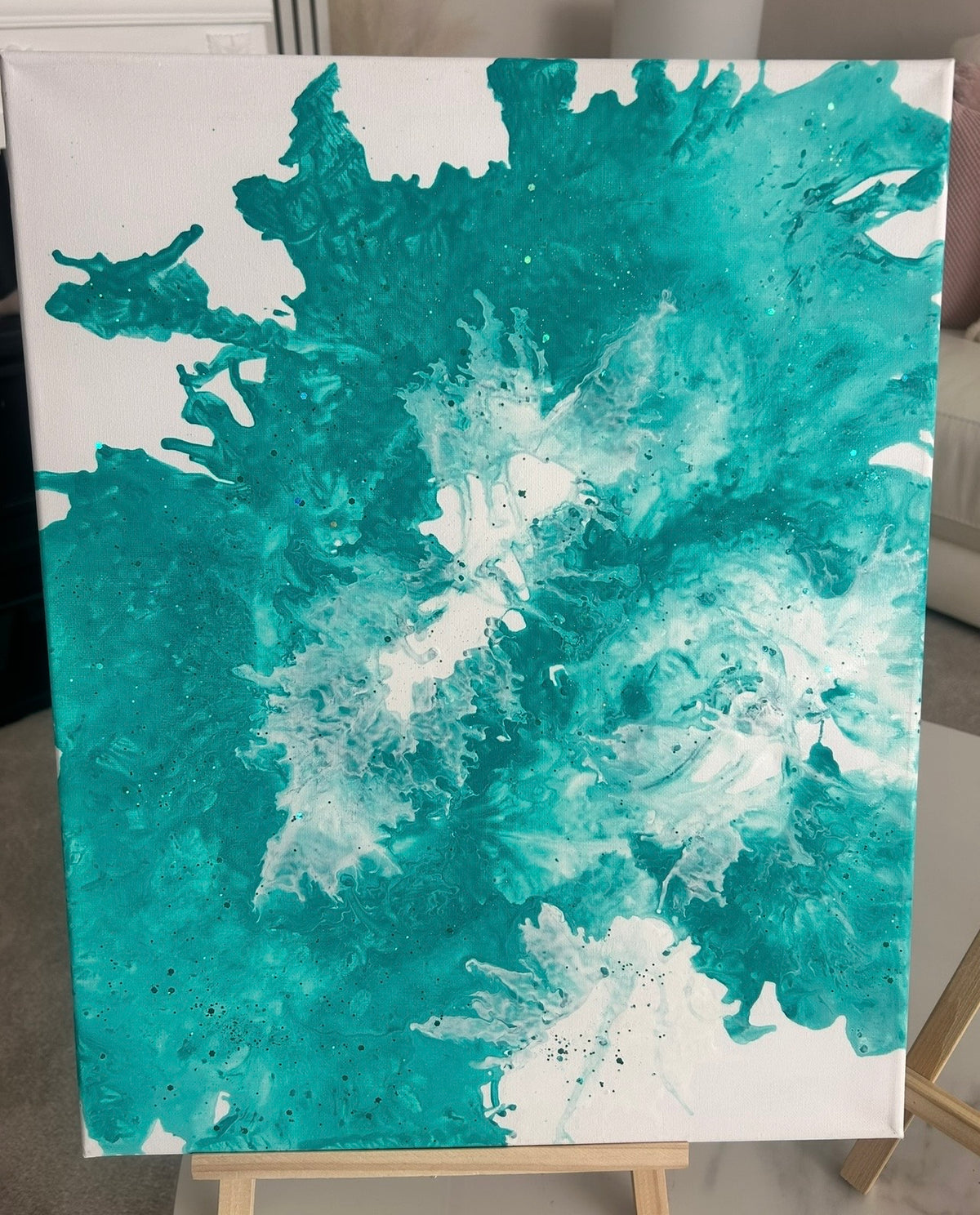 Turquoise and white large abstract original painting with sparkling glitter accents