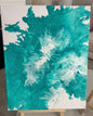 Turquoise and white large abstract original painting with sparkling glitter accents