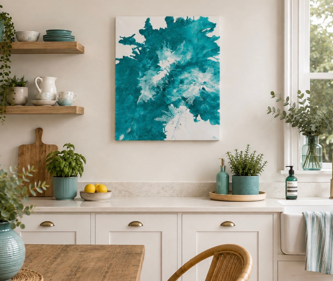 Turquoise and white large abstract original painting with sparkling glitter accents