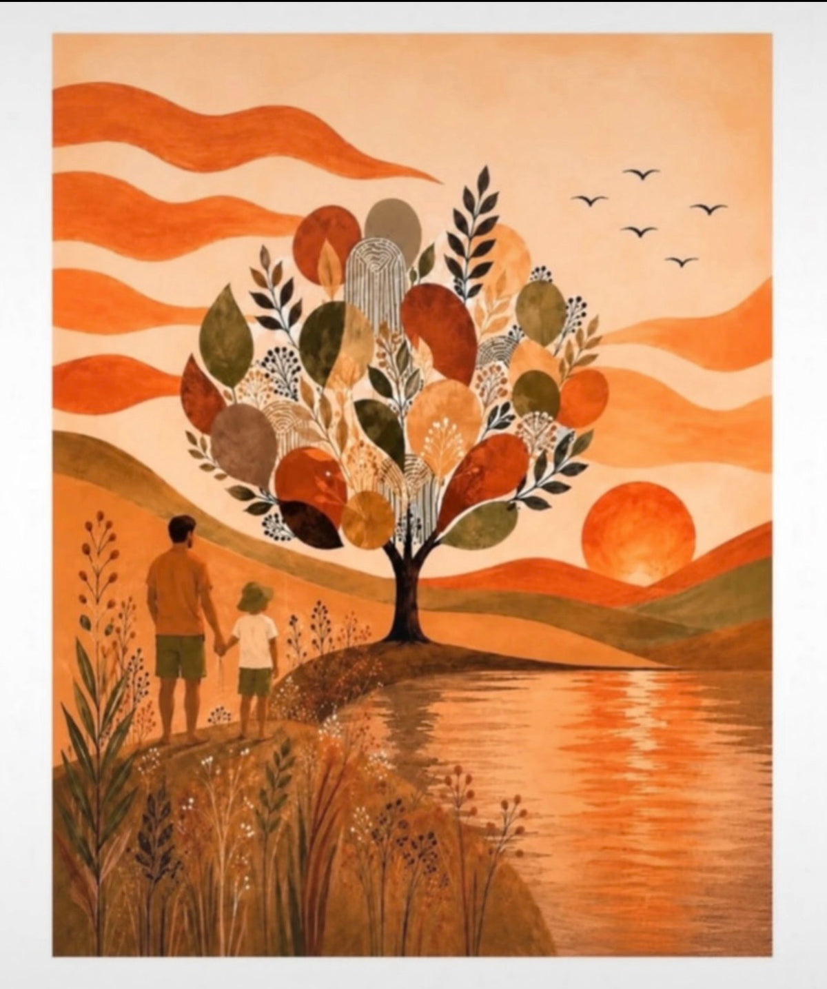 Generation Tree - Golden Lakeside Sunset Family - Boho Style Wall Art