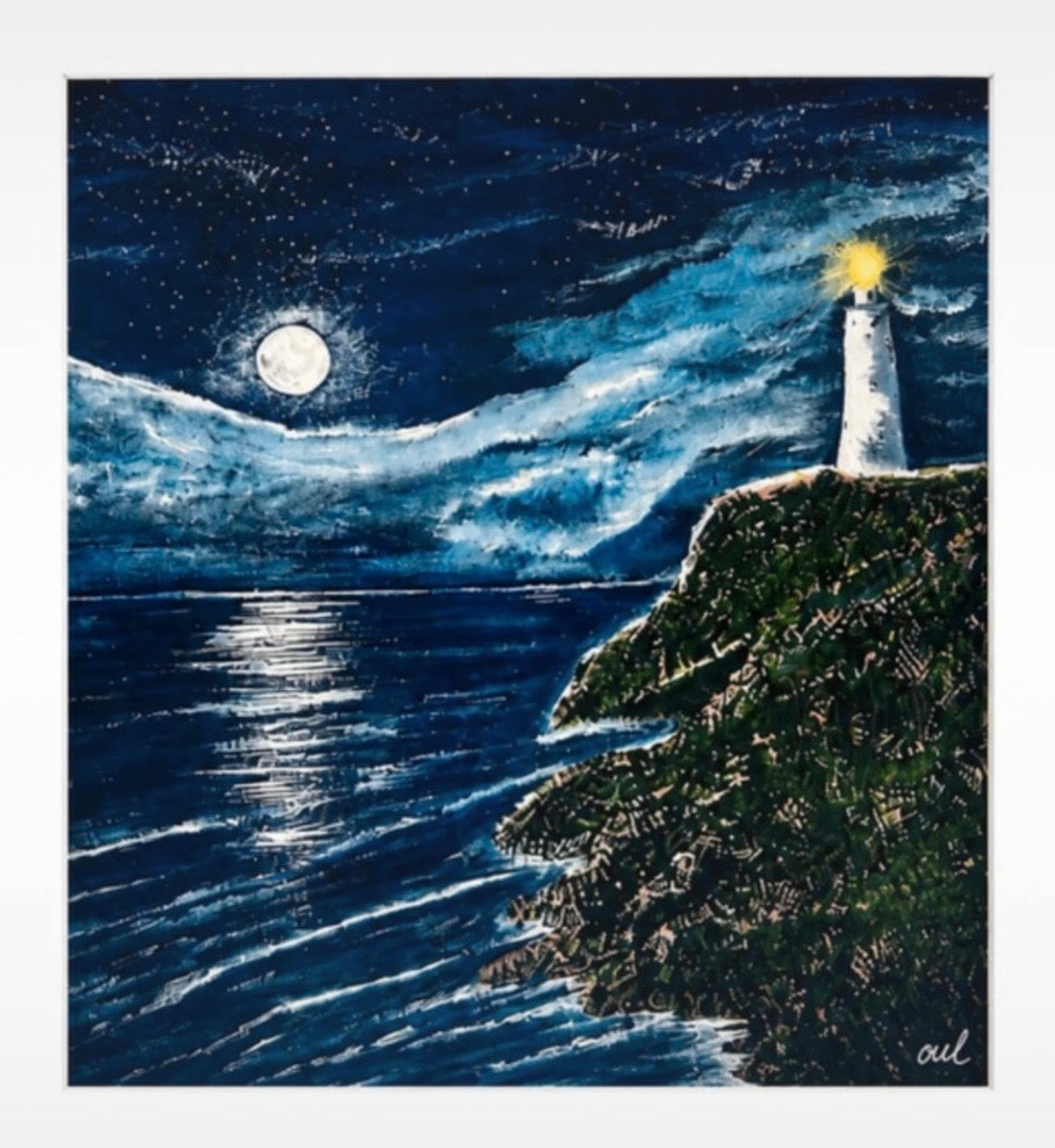 Moonlight Guardian - Dramatic Moonlight Lighthouse wall art print - MariaLouise Art
