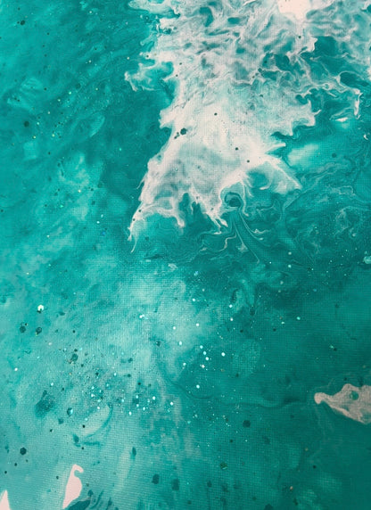 Turquoise and white large abstract original painting with sparkling glitter accents