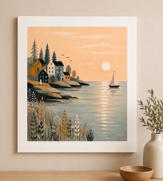 Homeward Sail - Nordic Style Home Decor - Coastal Art Print - Sailing boat glowing sunset wall art
