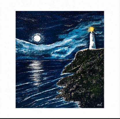 Moonlight Guardian - Dramatic Moonlight Lighthouse wall art print - MariaLouise Art