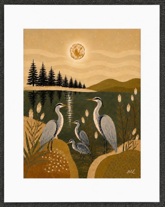 Moonlit Herons - Boho wall art print of a family of herons in moonlit wetlands