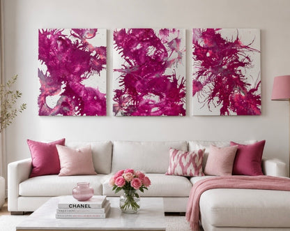 Fuchsia Collection - Set of 3  Pink and White Triptych original paintings - abstract home decor wall art canvases