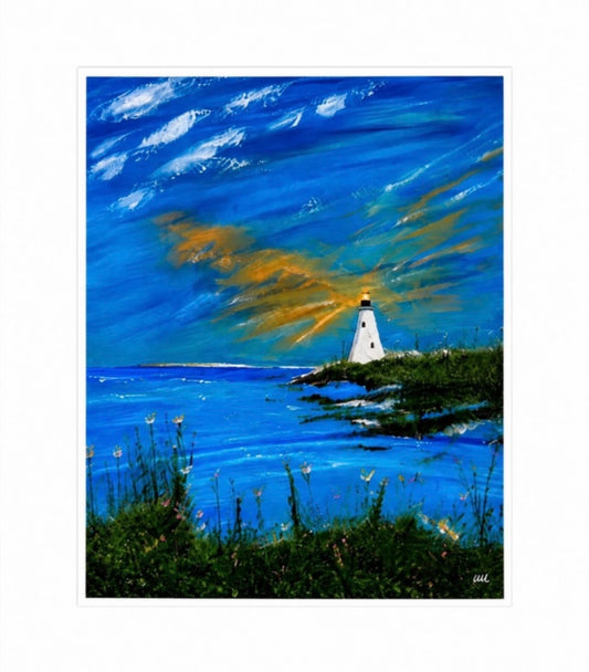 Twilight Glow - pale blue coastal lighthouse wall art