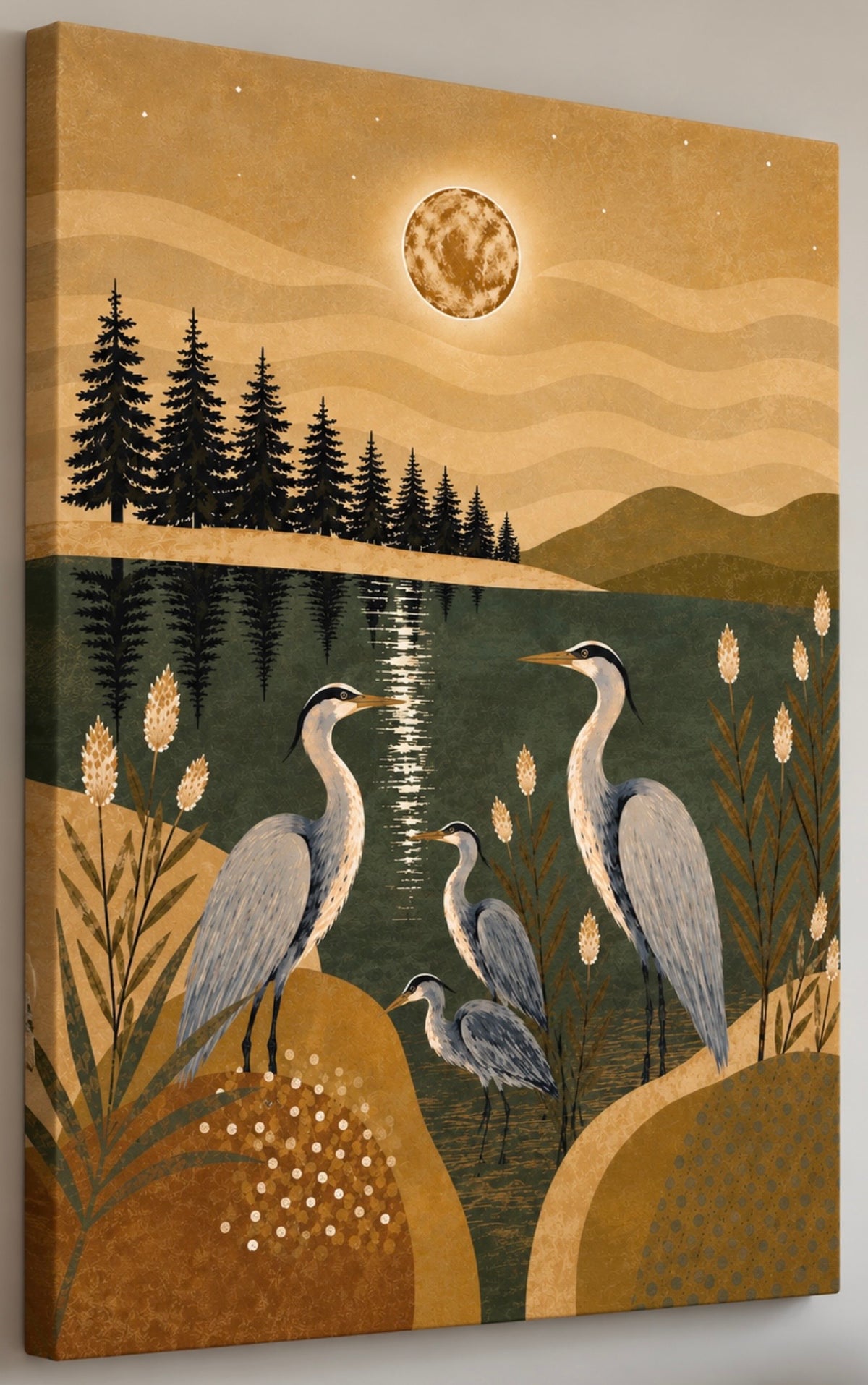 Moonlit Herons - Boho wall art print of a family of herons in moonlit wetlands