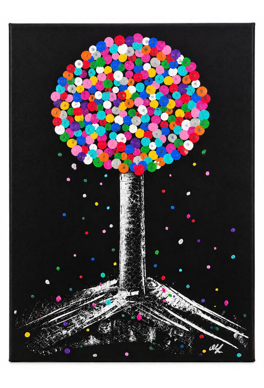 Lollipop Blossom - Vibrant wall art on black background -  Dot painting Lollipop Home decor