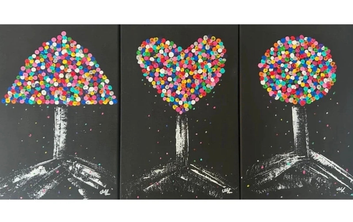 Umbrella Blossom -  Dot painting Umbrella wall art Black background Home decor