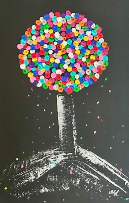 Lollipop Blossom - Vibrant wall art on black background -  Dot painting Lollipop Home decor