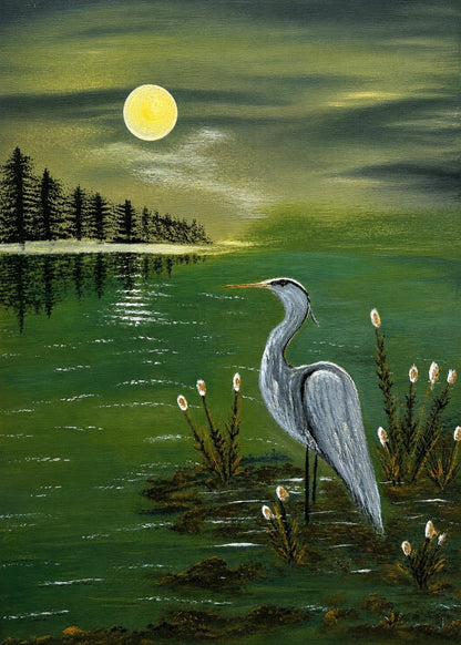Whispering Wader - Lone Heron - Rich Moody Moonlit Skies Wall Art