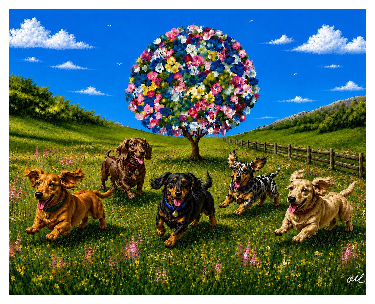 Dachshund Dash - Blossom Meadow Landscape with running Dachshund dogs