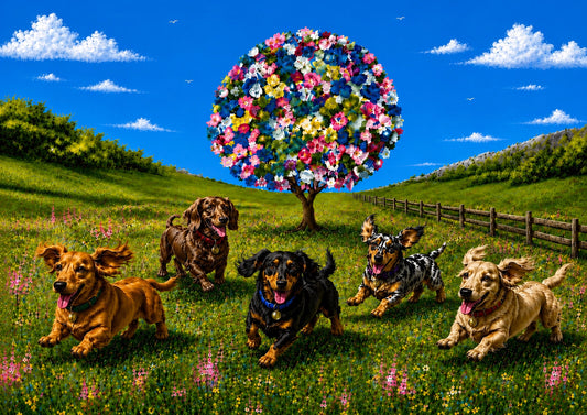 Dachshund Dash - Blossom Meadow Landscape with running Dachshund dogs