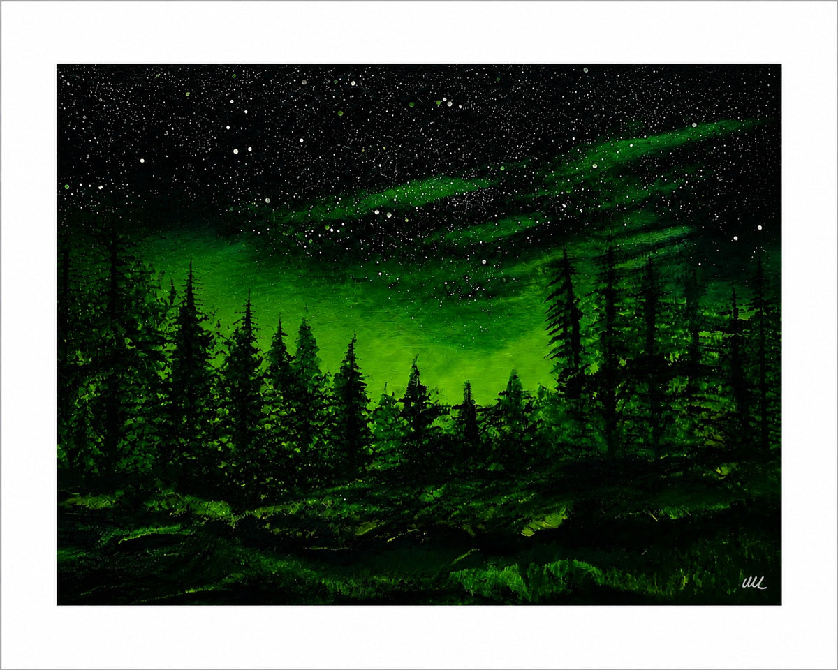 Aurora Forest - Northern Lights Electric Green Wall Art Print - Aurora Borealis Home Decor Picture