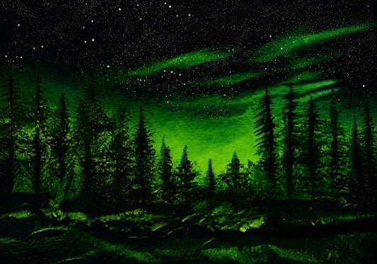 Aurora Forest - Northern Lights Electric Green Wall Art Print - Aurora Borealis Home Decor Picture