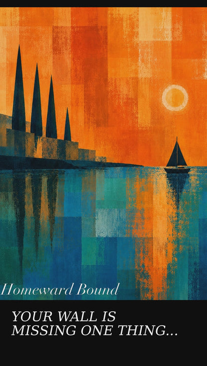 Homeward Bound - Geographic call art style rich orange and blue coastal bay